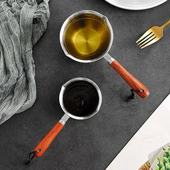 ظرف استیل ۳۰۰ میلی لیتری دسته چوبی